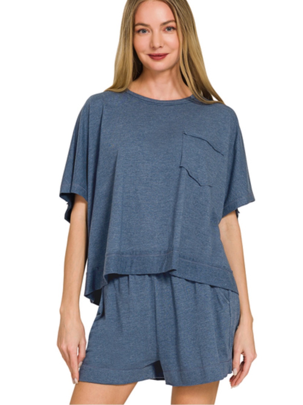 NEW Zenana Heather Navy Exposed Seam Boxy Top & Shorts Set – Medium